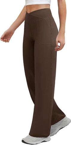 Wide Leg Pants Woman Crossover Yoga Pants with Pockets Loose Stretchy Work Dress Pants Casual Lounge Sweatpants in Kuwait