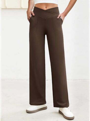 Wide Leg Pants Woman Crossover Yoga Pants with Pockets Loose Stretchy Work Dress Pants Casual Lounge Sweatpants in Kuwait