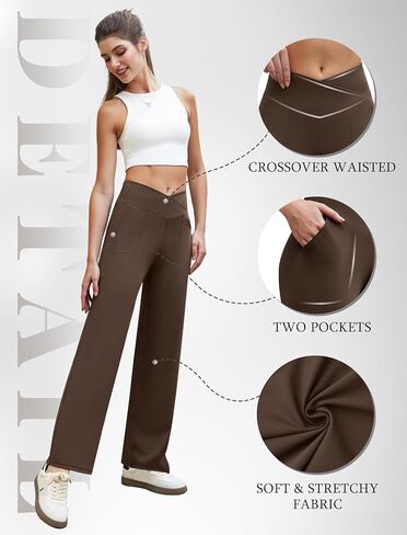 Wide Leg Pants Woman Crossover Yoga Pants with Pockets Loose Stretchy Work Dress Pants Casual Lounge Sweatpants in Kuwait