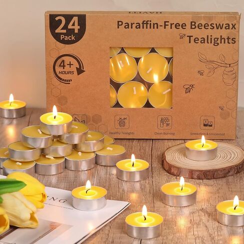 24 Packs Beeswax Tealight Candles, Pure Beeswax Tea Lights Candle, Natural Organic Tealights Candles Unscented Smokeless Clean Burning with 4 Hour Burn Time in Kuwait