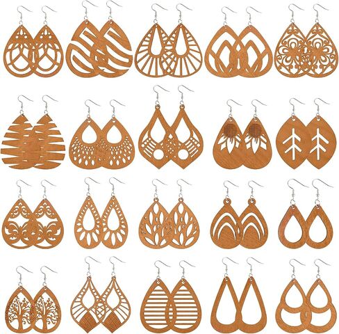 MTLEE 20 Pairs African Wooden Dangle Earrings Lightweight Ethnic Style Drop Earrings Geometric Wooden Earrings for Women in Saudi Arabia