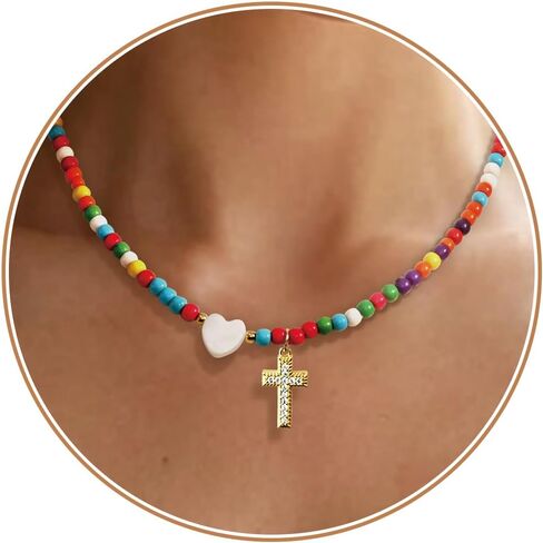 Cross Necklace Colorful Beaded Necklaces for Women Handmade Beaded Choker Necklace Dainty Cute Beach Boho Necklaces for Women Teen Easter Basket Stuffers Baptism Religious Faith Jewelry Gift in Saudi Arabia