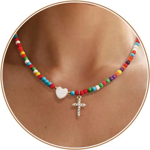 Cross Necklace Colorful Beaded Necklaces for Women Handmade Beaded Choker Necklace Dainty Cute Beach Boho Necklaces for Women Teen Easter Basket Stuffers Baptism Religious Faith Jewelry Gift in Saudi Arabia