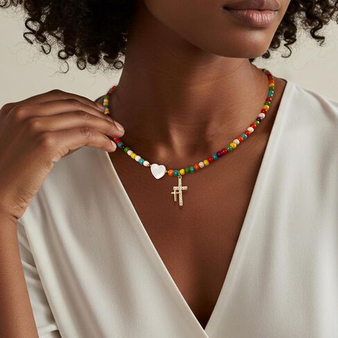 Cross Necklace Colorful Beaded Necklaces for Women Handmade Beaded Choker Necklace Dainty Cute Beach Boho Necklaces for Women Teen Easter Basket Stuffers Baptism Religious Faith Jewelry Gift in Saudi Arabia