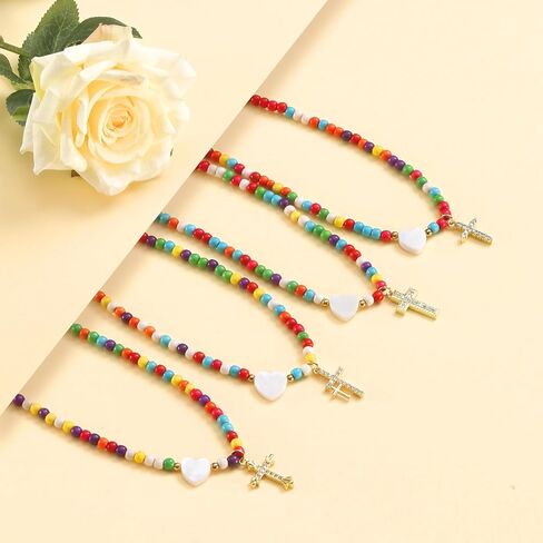 Cross Necklace Colorful Beaded Necklaces for Women Handmade Beaded Choker Necklace Dainty Cute Beach Boho Necklaces for Women Teen Easter Basket Stuffers Baptism Religious Faith Jewelry Gift in Saudi Arabia