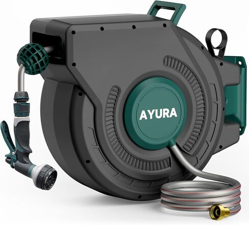 بكرة خرطوم حديقة قابلة للسحب من AYURA، بكرة خرطوم مياه مقاس 1/2 بوصة × 100 قدم مثبتة على الحائط، غلاف مزدوج مقاوم للأشعة فوق البنفسجية، قفل بأي طول، ترجيع تلقائي بطيء، دعامة دوارة 180 درجة، 10 فوهة نمط in Saudi Arabia