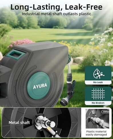 بكرة خرطوم حديقة قابلة للسحب من AYURA، بكرة خرطوم مياه مقاس 1/2 بوصة × 100 قدم مثبتة على الحائط، غلاف مزدوج مقاوم للأشعة فوق البنفسجية، قفل بأي طول، ترجيع تلقائي بطيء، دعامة دوارة 180 درجة، 10 فوهة نمط in Saudi Arabia