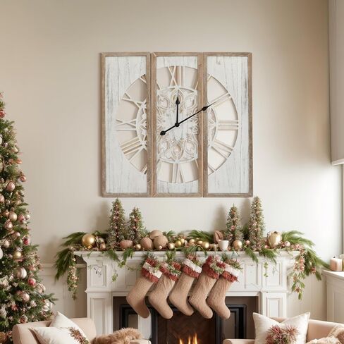 RiteSune Unique 30" Wall Clock for Living Room Decor, Oversized Farmhouse Wall Clock Battery Operated, Triptych Panel Wooden Large Clock Wall Art for Bedroom Entryway in Kuwait