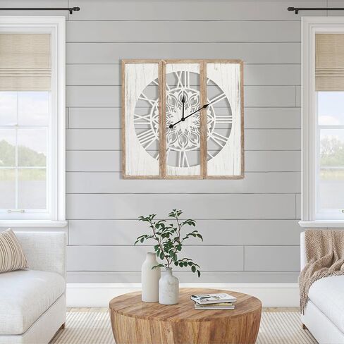 RiteSune Unique 30" Wall Clock for Living Room Decor, Oversized Farmhouse Wall Clock Battery Operated, Triptych Panel Wooden Large Clock Wall Art for Bedroom Entryway in Kuwait