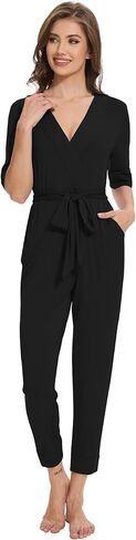 Women's Summer Jumpsuits Short Sleeve Casual 2025 One Piece Outfits Pants Rayon V Neck Belted Rompers S-XXL in Saudi Arabia