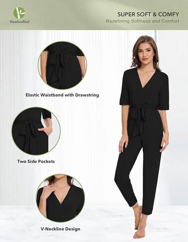 Women's Summer Jumpsuits Short Sleeve Casual 2025 One Piece Outfits Pants Rayon V Neck Belted Rompers S-XXL in Saudi Arabia
