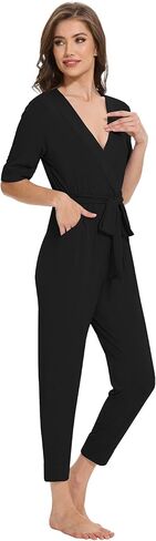 Women's Summer Jumpsuits Short Sleeve Casual 2025 One Piece Outfits Pants Rayon V Neck Belted Rompers S-XXL in Saudi Arabia