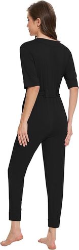 Women's Summer Jumpsuits Short Sleeve Casual 2025 One Piece Outfits Pants Rayon V Neck Belted Rompers S-XXL in Saudi Arabia