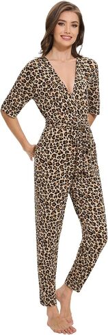 Women's Summer Jumpsuits Short Sleeve Casual 2025 One Piece Outfits Pants Rayon V Neck Belted Rompers S-XXL in Saudi Arabia