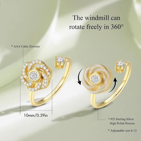 FOREVER QUEEN 925 Sterling Silver Anxiety Ring for Women - Windmill Fidget Ring for Anxiety and Stress Relief - Adjustable Open Band Spinner Ring for Anxiety Relief - Stylish and Discreet in Saudi Arabia