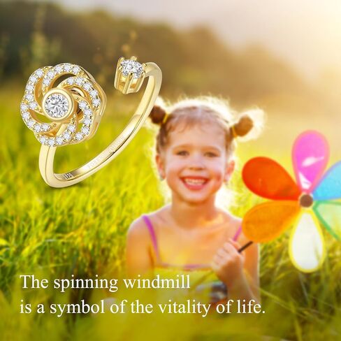 FOREVER QUEEN 925 Sterling Silver Anxiety Ring for Women - Windmill Fidget Ring for Anxiety and Stress Relief - Adjustable Open Band Spinner Ring for Anxiety Relief - Stylish and Discreet in Saudi Arabia