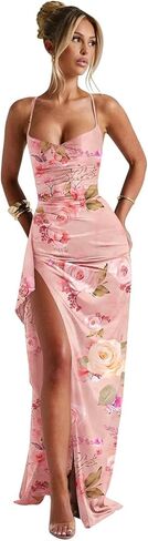 BOLENSYE Ruffle Satin Prom Dresses for Women Spaghetti Strap Bridesmaid Dress with Slit Long Formal Gown in Saudi Arabia