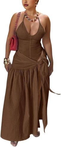 Two Piece Skirt Set Women Sexy Halter Backless Bodysuit and Wrap Tied High Split Summer Maxi Skirt Set in Kuwait