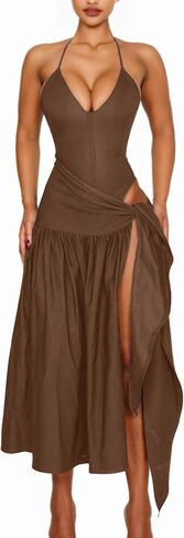 Two Piece Skirt Set Women Sexy Halter Backless Bodysuit and Wrap Tied High Split Summer Maxi Skirt Set in Kuwait
