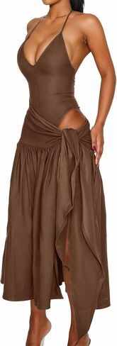 Two Piece Skirt Set Women Sexy Halter Backless Bodysuit and Wrap Tied High Split Summer Maxi Skirt Set in Kuwait