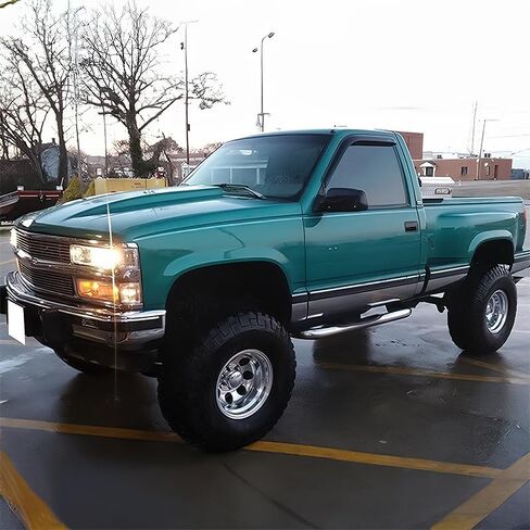 IKON MOTORSPORTS Tape On External Side Window Wind Deflectors, Compatible with 1988-1998 Chevy C & K Reg Cab Pickup, Slim Style ABS Smoke Tinted & Semi-Transparent Sun Rain Guards Shield Vent Visor in Saudi Arabia