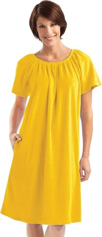 Collections Etc Solid Color Comfort Fit Short-Sleeve Terry Cotton Summer Dress with Side Pockets and Elastic Scooped Neckline in Kuwait