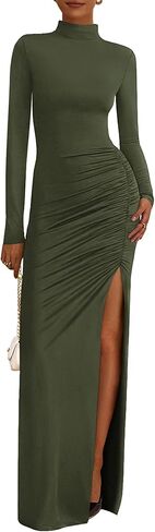 BTFBM Women's Formal Dresses 2025 Fall Long Sleeve Mock Neck Ruched Bodycon Slit Maxi Wedding Guest Cocktail Dress in Saudi Arabia
