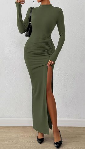 BTFBM Women's Formal Dresses 2025 Fall Long Sleeve Mock Neck Ruched Bodycon Slit Maxi Wedding Guest Cocktail Dress in Saudi Arabia