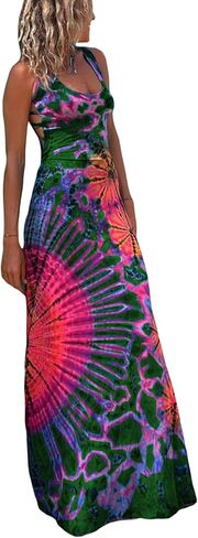 Adoeren Women Y2k Tie Dye Long Dress Sexy Sleeveless Open Back Colorful Maxi Dress Floral Printed Beach Party Sundress in Saudi Arabia