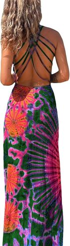 Adoeren Women Y2k Tie Dye Long Dress Sexy Sleeveless Open Back Colorful Maxi Dress Floral Printed Beach Party Sundress in Saudi Arabia