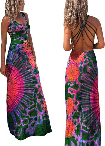Adoeren Women Y2k Tie Dye Long Dress Sexy Sleeveless Open Back Colorful Maxi Dress Floral Printed Beach Party Sundress in Saudi Arabia