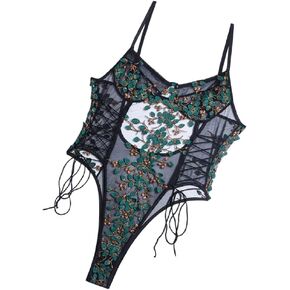Floral Embroidery Lace Up Bodysuit Lingerie for Women