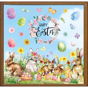 Easter Window Clings Happy Easter Bunny Rabbit Egg Floral Window Stickers Double-Side Glass Decals for Spring Home Office School Party Decorations, 4 Sheets