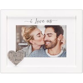 Malden International Designs 4x6 I Love Us Picture Frame Raised White Outer MDF Wood Moulding White Wood Grain Finish Mat With Gray Screenprinted Text Silver Finish Metal Heart Attachment