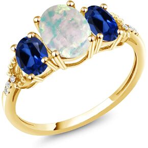 Gem Stone King 10K Yellow Gold White Simulated Opal and Blue Created Sapphire Engagement Ring For Women (2.24 Cttw, Oval Cabochon Cut, Available in size 5, 6, 7, 8, 9)
