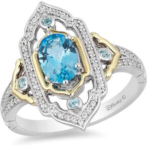 Jewelili Enchanted Disney Fine Jewelry Sterling Silver and 10K Yellow Gold 1/5 CTTW Diamond and Swiss Blue Topaz Jasmine Ring