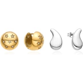 2Pairs Stainless Steel Small Gold Hoop Earring, Sphere Ball Teardrop Heart Huggie Earrings,Starburst Lightweight Earrings Set