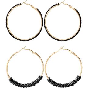 2 Pairs Bohemian Colorful Beads Circle Round Hoop Earrings Gold Hoop Dangle Earrings for Women Vintage Boho Jewelry