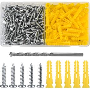 200 Pcs Concrete Wall Anchors and Screws, Super Yellow Anchor and Pan Head Screws Kits, 10# Slotted Phillips Screws and Drywall Anchor Kit for Drywall Masonry, with 1 x Drill Bit in Kuwait