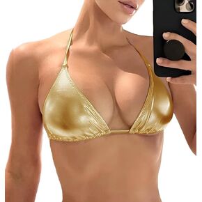 Women's Metallic Bikini Top - Halter Shiny Triangle Bralette Rave Tops Tie Side Swimsuit Bra