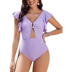 AI'MAGE Womens V Neck One Piece Swimsuit Cutout Tummy Control Ruffle Swimming Suit