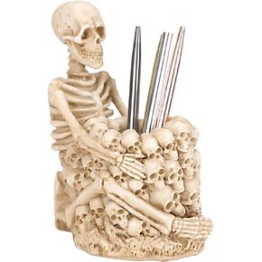 Skull Pen Holder for Desk, Halloween Gothic Pen Organizer, Creative Skeleton Makeup Brush Holder Pencil Holder Spooky Gifts for Women Man Home Office Desktop Decor