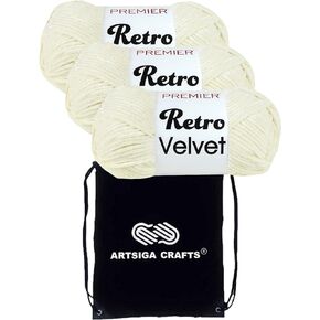Premier Yarns Retro Velvet Cream 1088-01 (3-Skeins - Same Dye Lot) Chunky Bulky #5 Polyester Yarn for Crocheting and Knitting with Project Bag