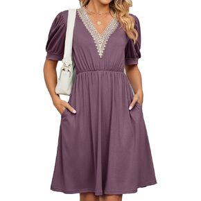 Womens A line V Neck Dress with Pockets Solid Color Short Sleeve Waist Retraction Dress