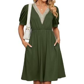 Womens A line V Neck Dress with Pockets Solid Color Short Sleeve Waist Retraction Dress