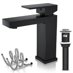 Solid Brass Bathroom Faucet, Gold Bathroom Faucet 1 Hole, Lead-Free Single Handle Vanity Faucet with Two Flexible Hoses & Pop Up Drain Stopper (Brushed Gold)