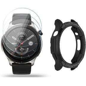 Watch Screen Protector (3+1Pack) Compatible for Amazfit GTR 4, Tempered Glass Film Anti-Scratch High Definition Full Coverage and Soft TPU Protective Case in Kuwait