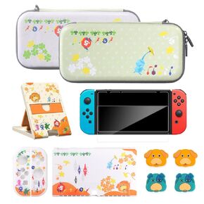 Switch Case Compatible with Nintendo Switch Oled.Cute Carry Case Bundle for Pikmin Fans with Switch Oled Protective Cover,Screen Protector,Playstand & Thumb Caps