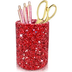 PU Glitter Pink Pen Holder for Desk Cute Bling Office Accessories for Women Girls, Luxury Makeup Brush Holder Organizer Cup for Classroom Home