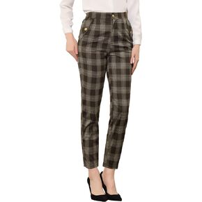 Allegra K Plaid Pants for Women's Vintage Tartan Elastic Waist Straight Long Trouser
